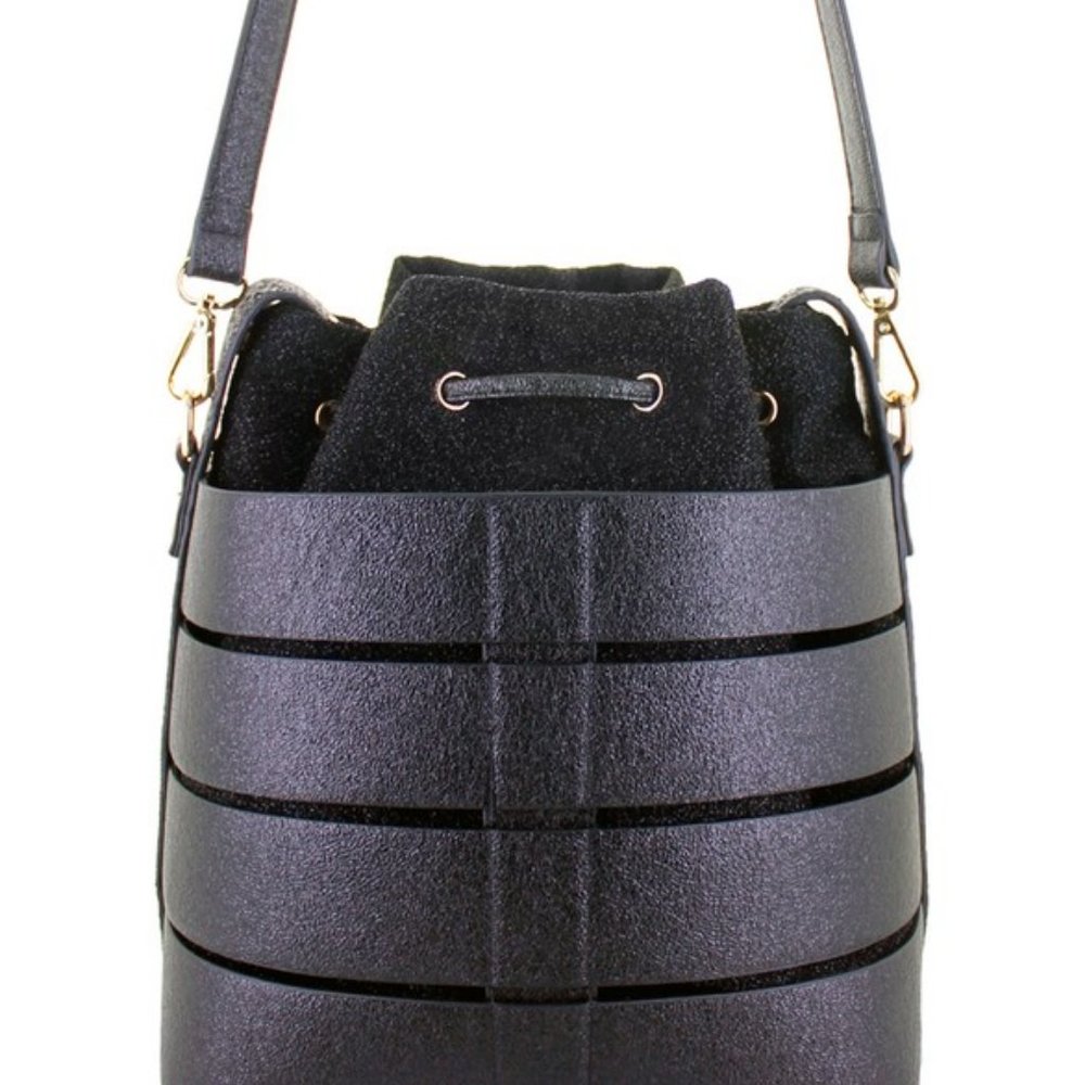 Caged Crossbody Bucket Bag | Black - Picture 2 of 5